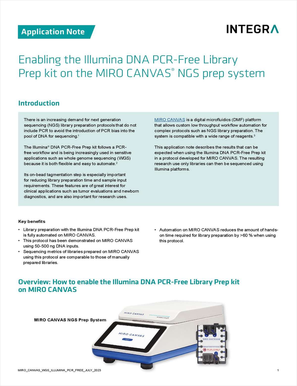Enabling the Illumina DNA PCR-Free Library Prep Kit on the Miro Canvas NGS Prep System