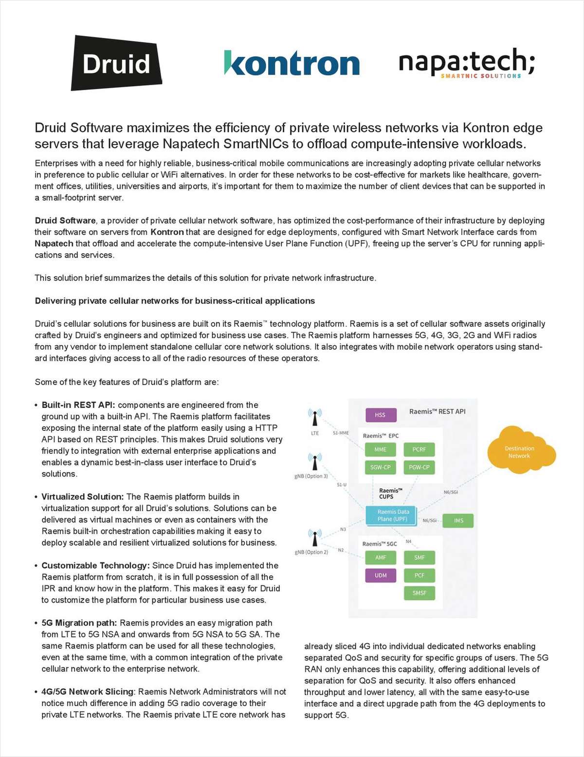 Druid Software maximizes the efficiency of private wireless networks via Kontron edge servers that leverage Napatech SmartNICs to offload compute-intensive workloads