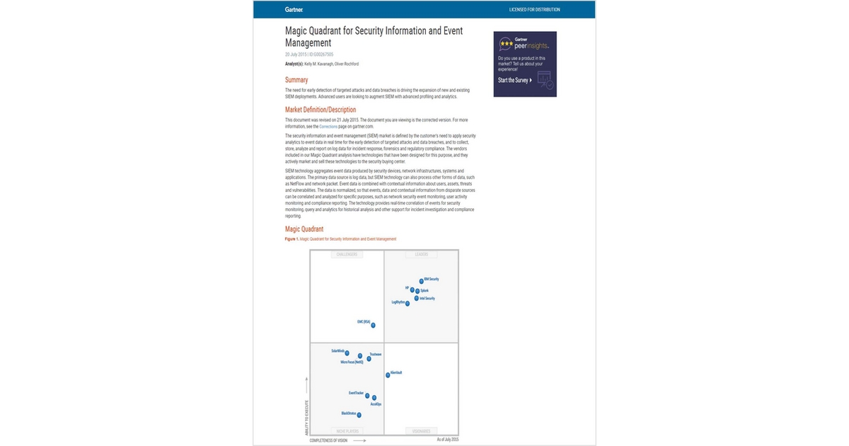 Gartner Magic Quadrant for Security Information and Event Management