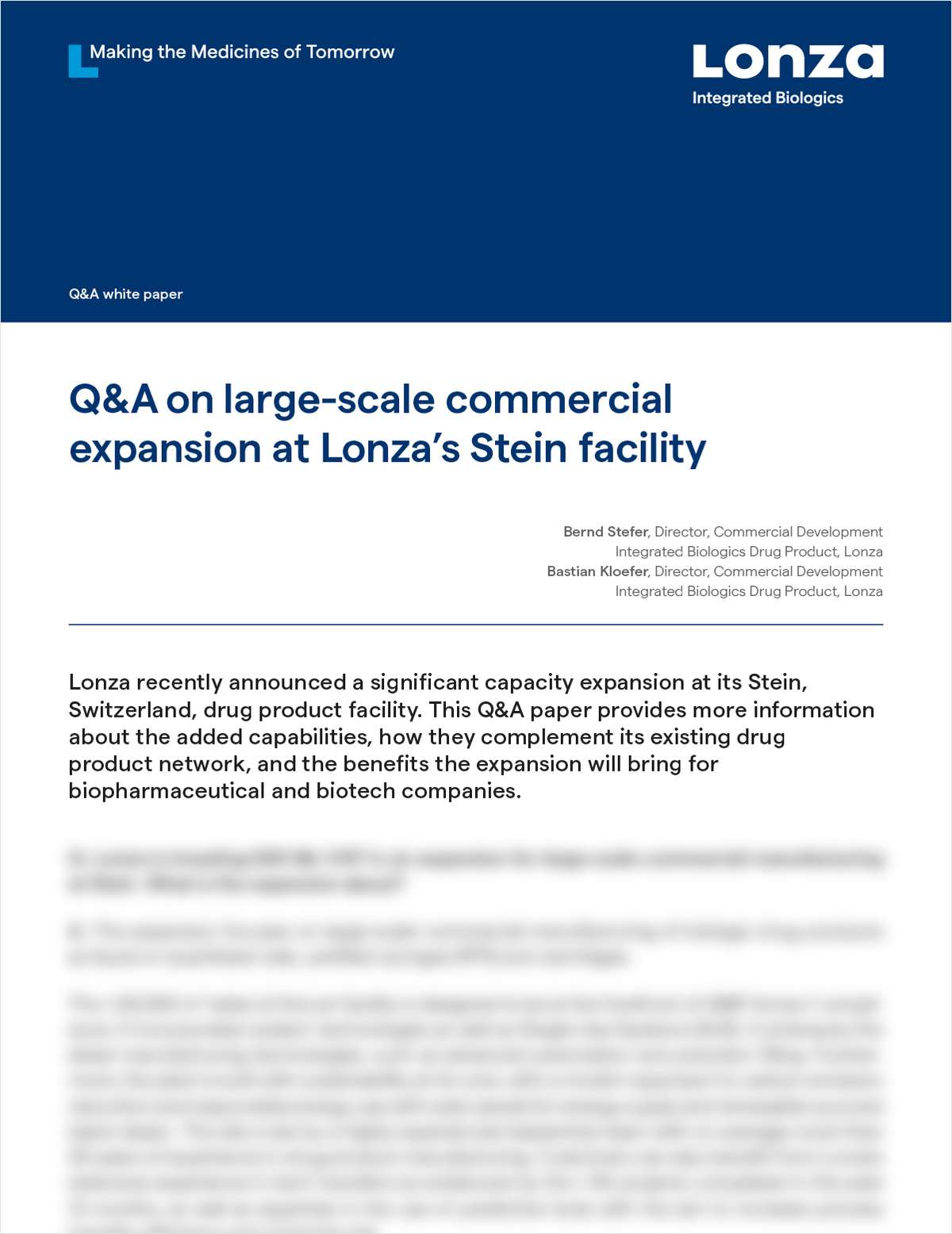 Q&A: Large-scale commercial expansion at Lonza's Stein facility