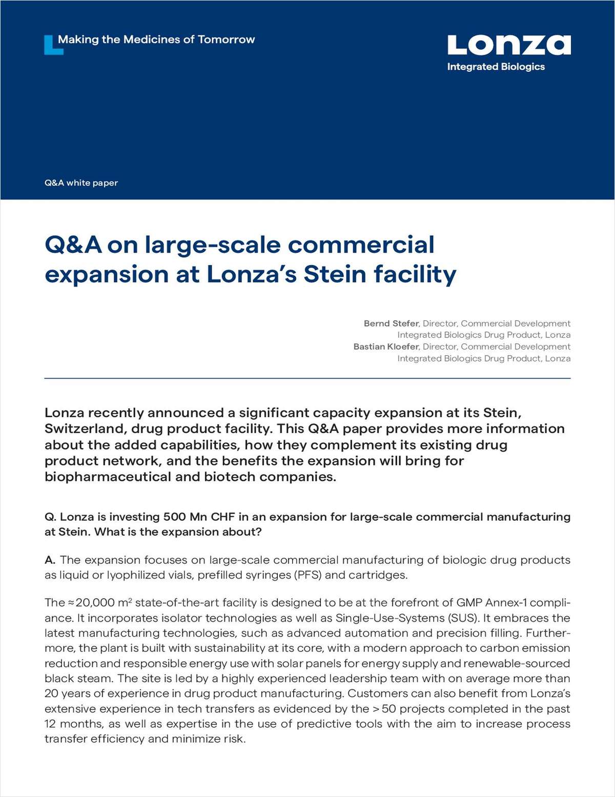 Q&A on large-scale commercial expansion at Lonza's Stein facility