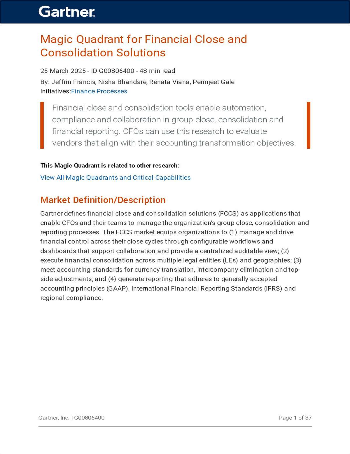 Magic Quadrant for Financial Close and Consolidation Solutions