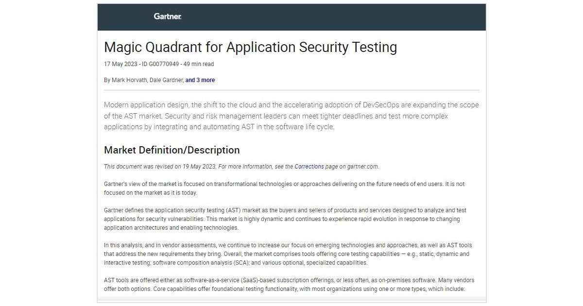 Gartner Magic Quadrant for Application Security Testing 2023, Free ...