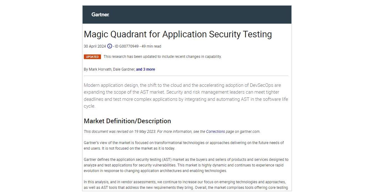 Gartner Magic Quadrant for Application Security Testing Free Research
