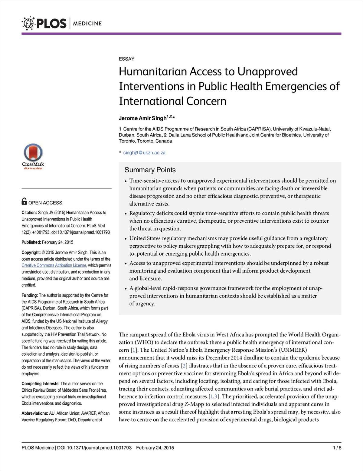 Humanitarian Access to Unapproved Interventions in Public Health Emergencies of International Concern