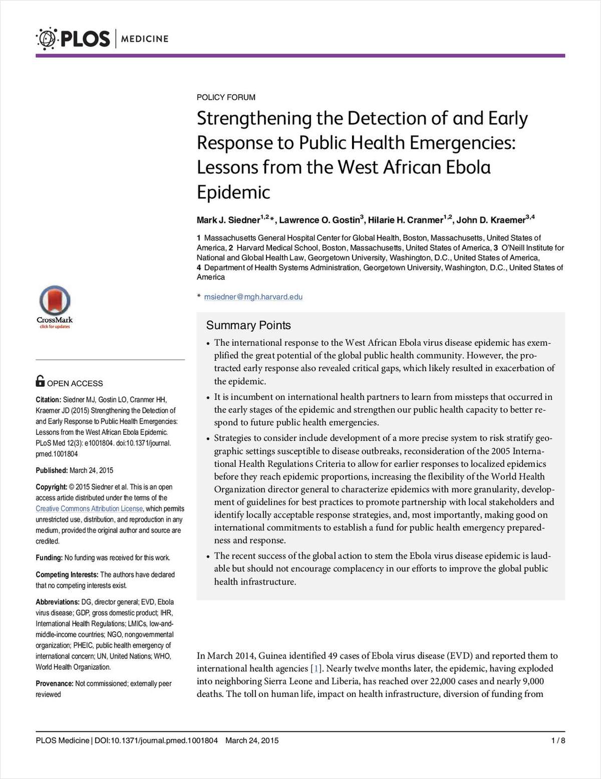 Strengthening the Detection of and Early Response to Public Health Emergencies