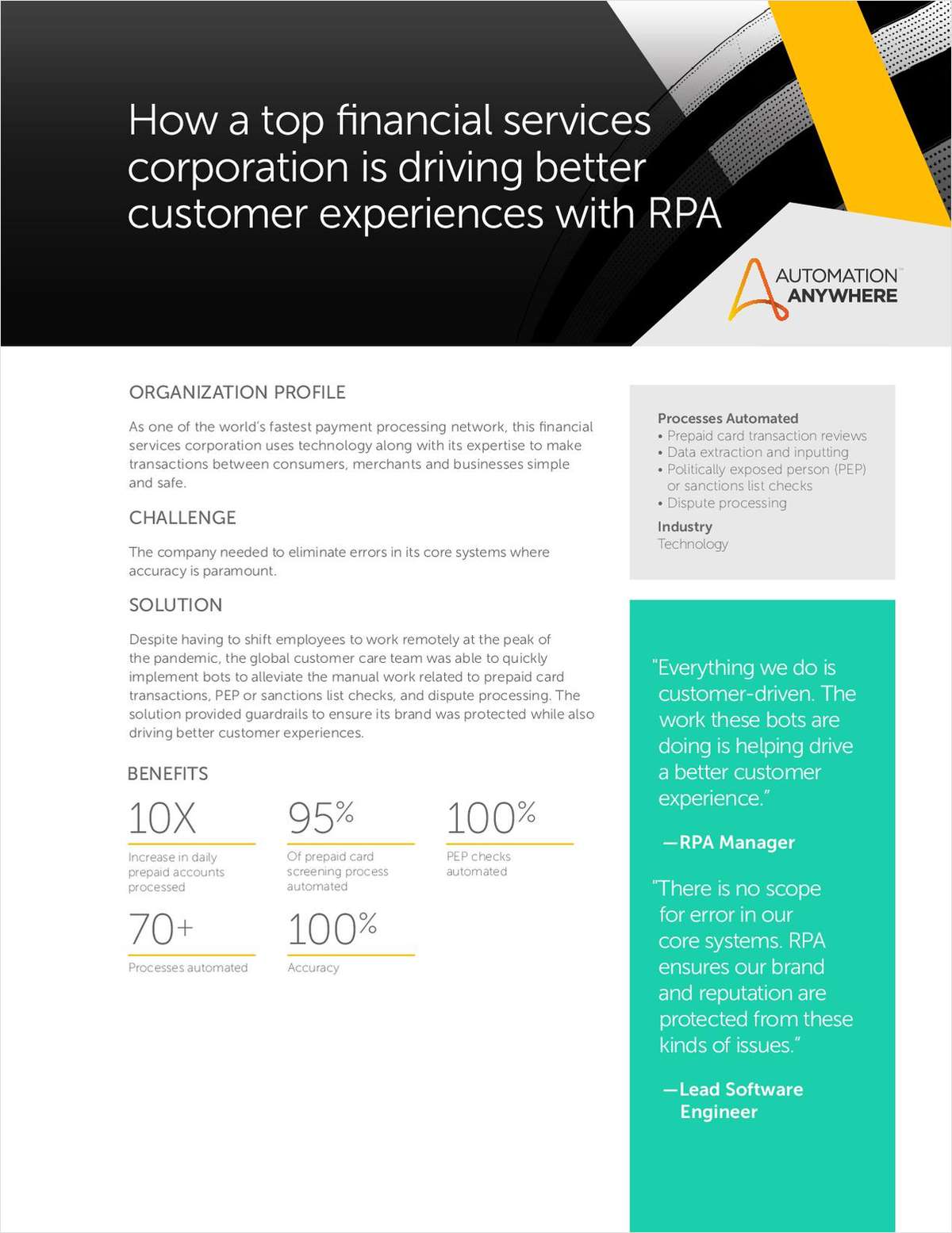 RPA improves customer experiences at a top financial services corporation