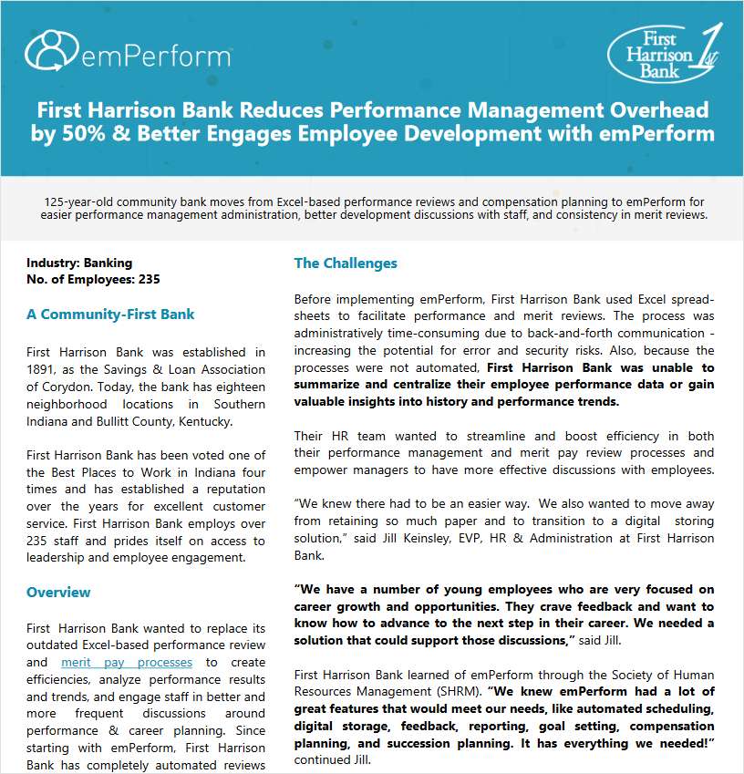 First Harrison Bank Reduces Performance Management Overhead by 50% & Better Engages Employee Development with emPerform