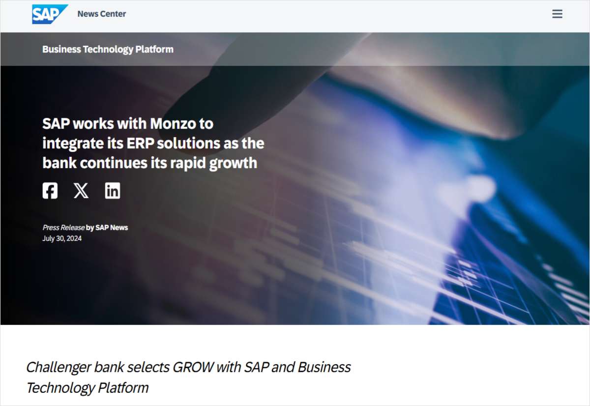 SAP Works with Monzo to Integrate its ERP Solutions as The Bank Continues its Rapid Growth