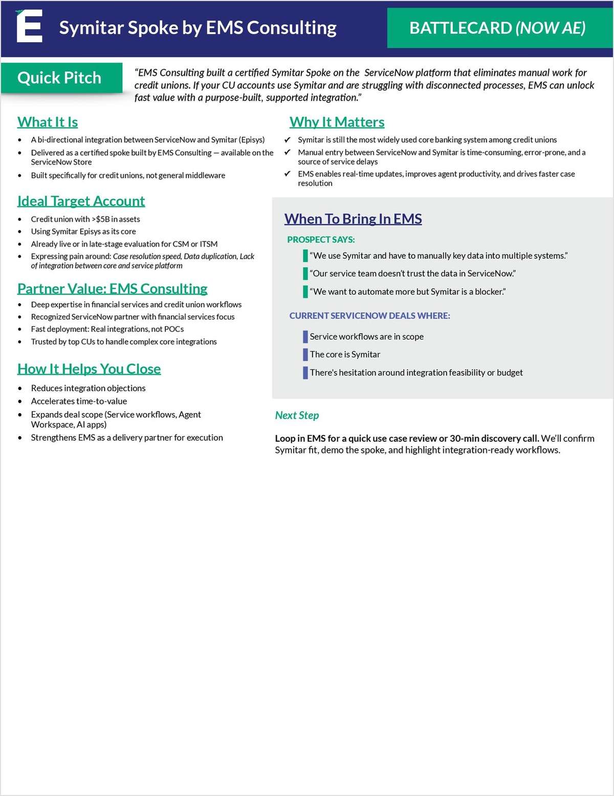 Symitar Spoke by EMS Consulting BATTLECARD (NOW AE)