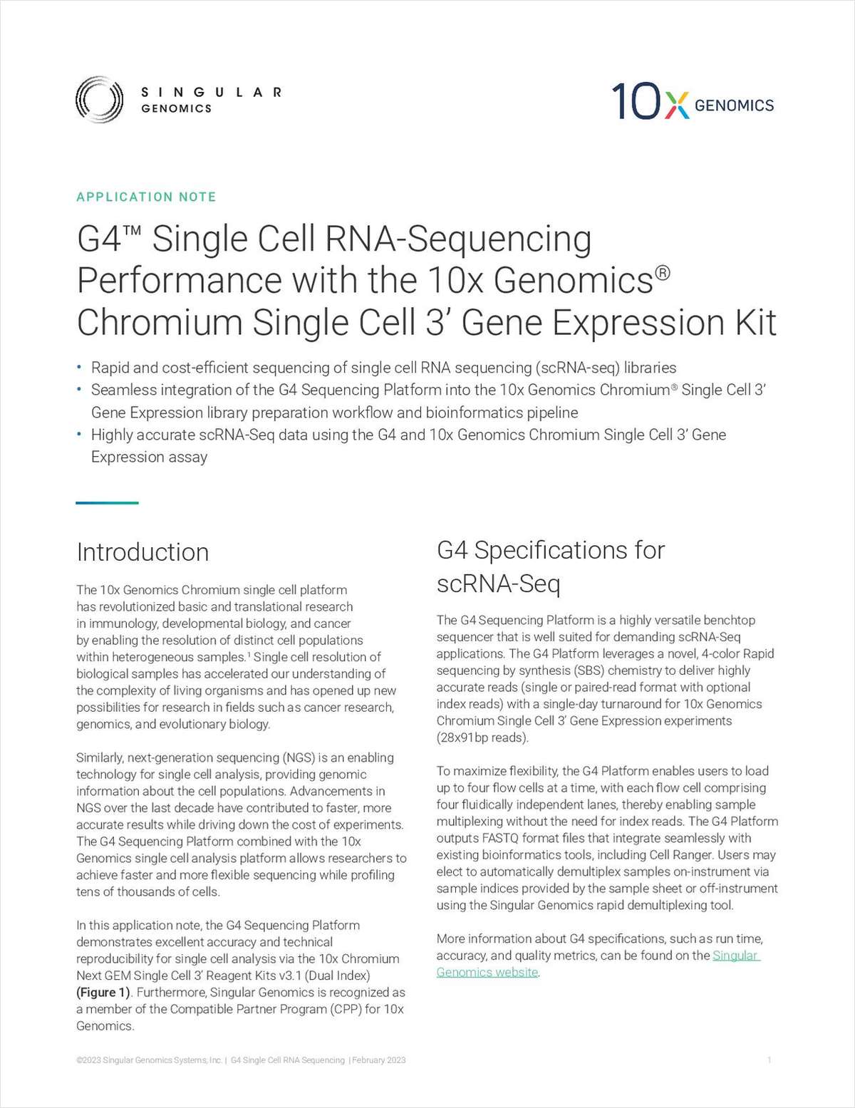 G4 Single-Cell RNA Sequencing Performance with the 10x Genomics Chromium Single Cell 3' Gene Expression Kit