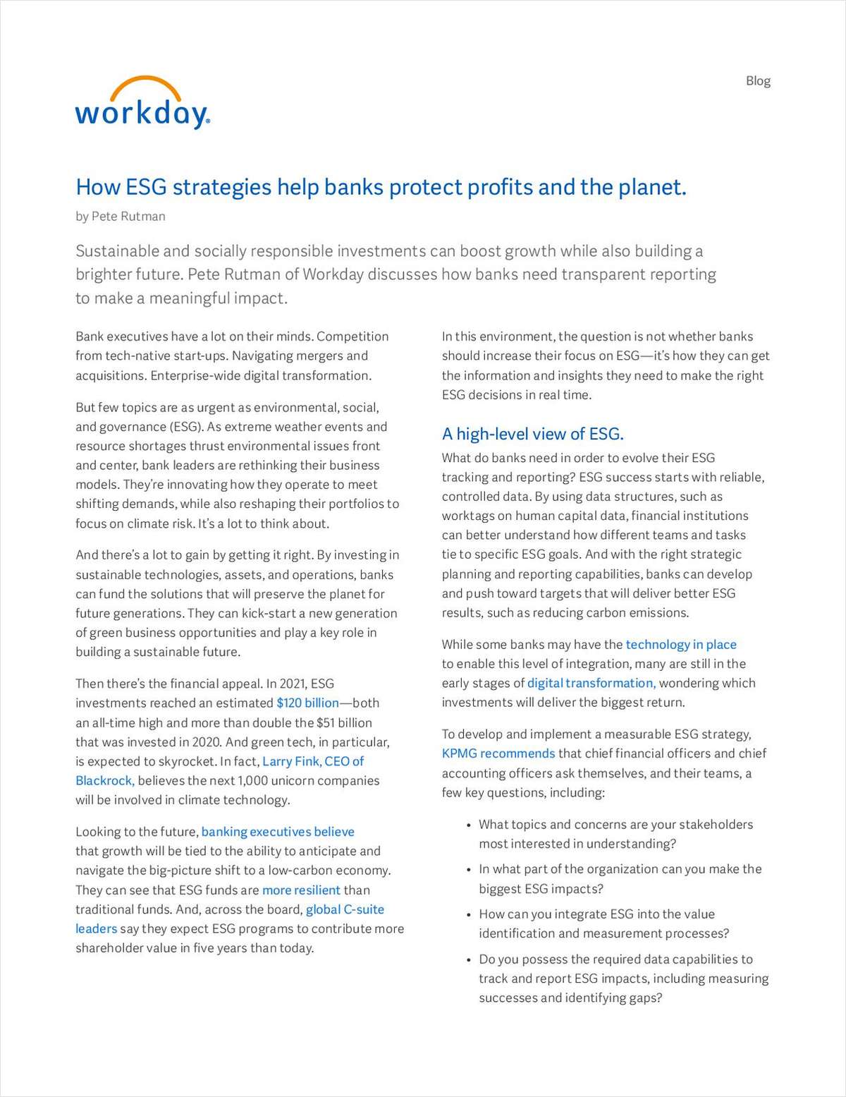 Workday's Whitepaper: How ESG strategies help banks protect profits and the planet.